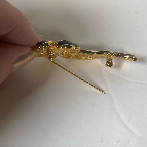 Vintage Bow Brooch Gold Tone W/Black Enamel and Rhinestones - Picture 4 of 7